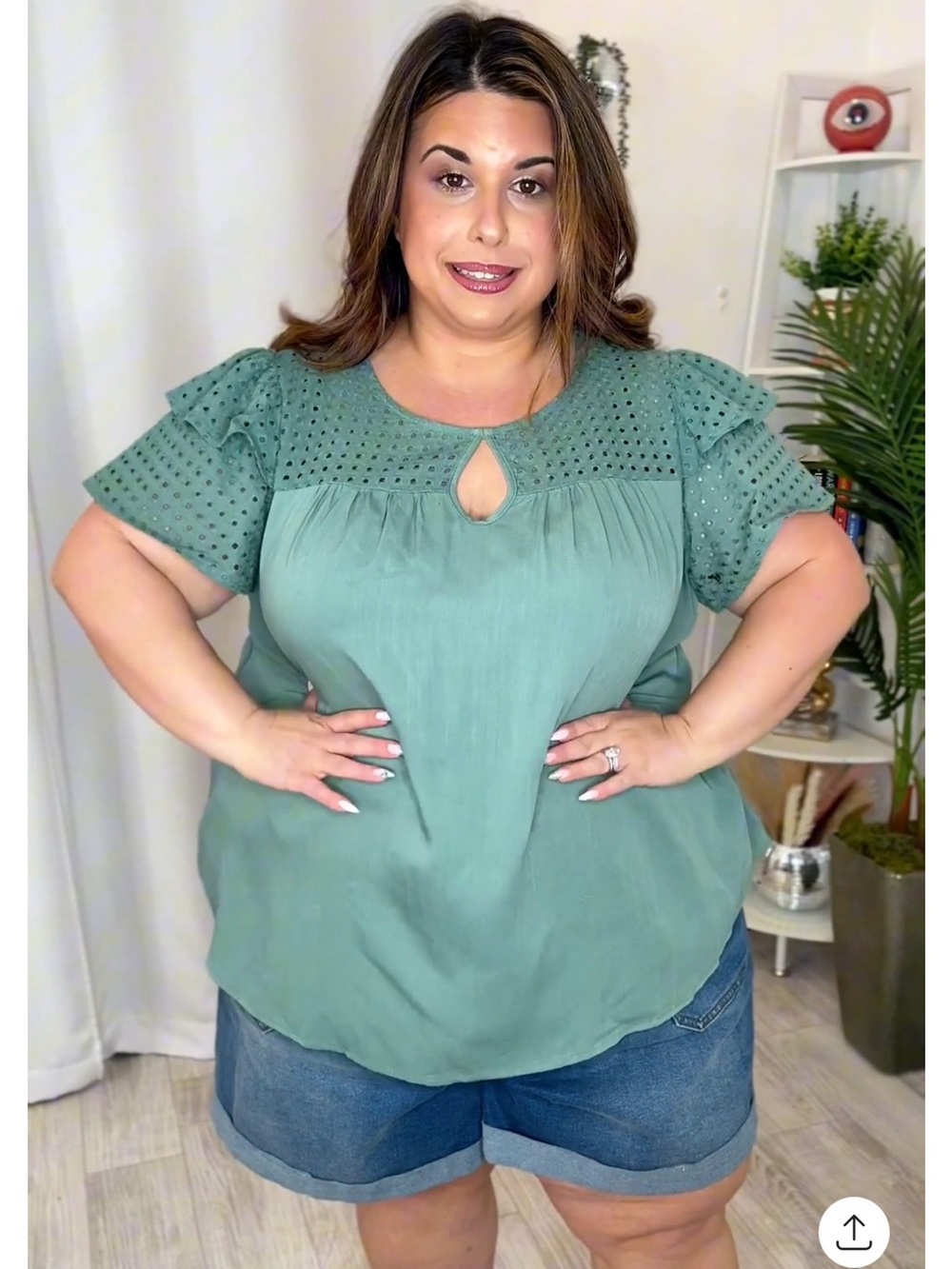 Plus Size Sage Green Flutter Sleeve Top with Eyelet Yoke